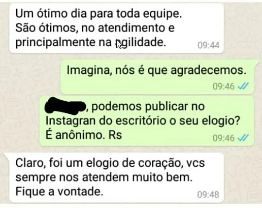Depoimento de cliente enviado pelo WhatsApp